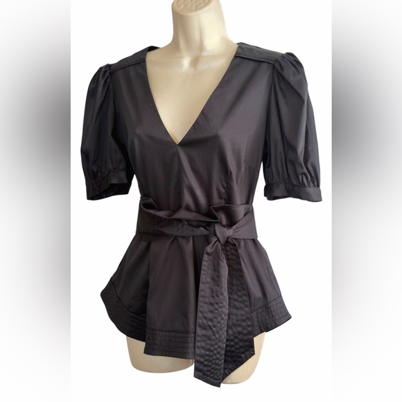 Veronica Beard Size 6 Cotton Spandex Black Belted Blouse V- Neck Puff Sleeve NEW - Picture 7 of 16